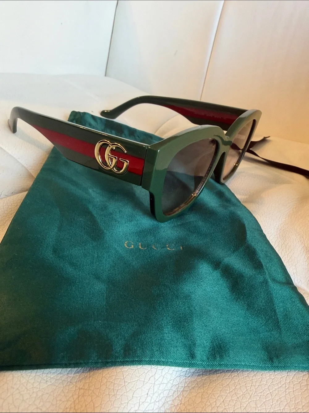 Gucci Green Frame with Red Stripe and Gold GG Sunglasses